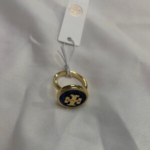 Tory Burch Gold and Navy Logo Ring
